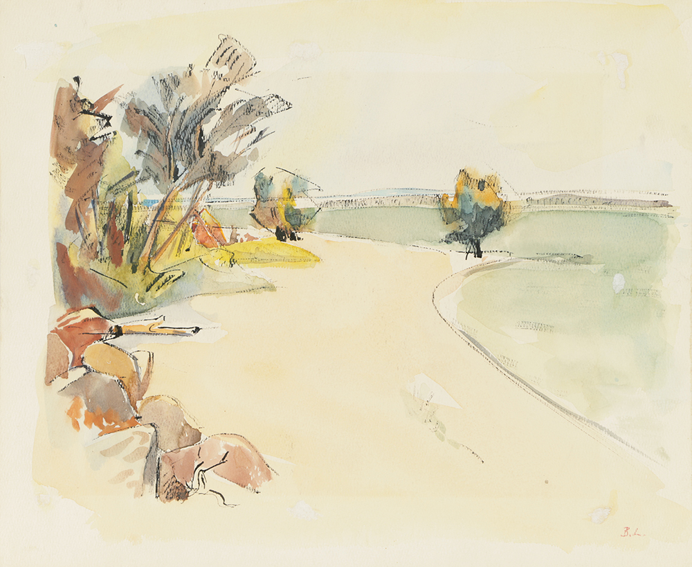 B. Lavau Ink and Watercolor Painting on Paper Landscape