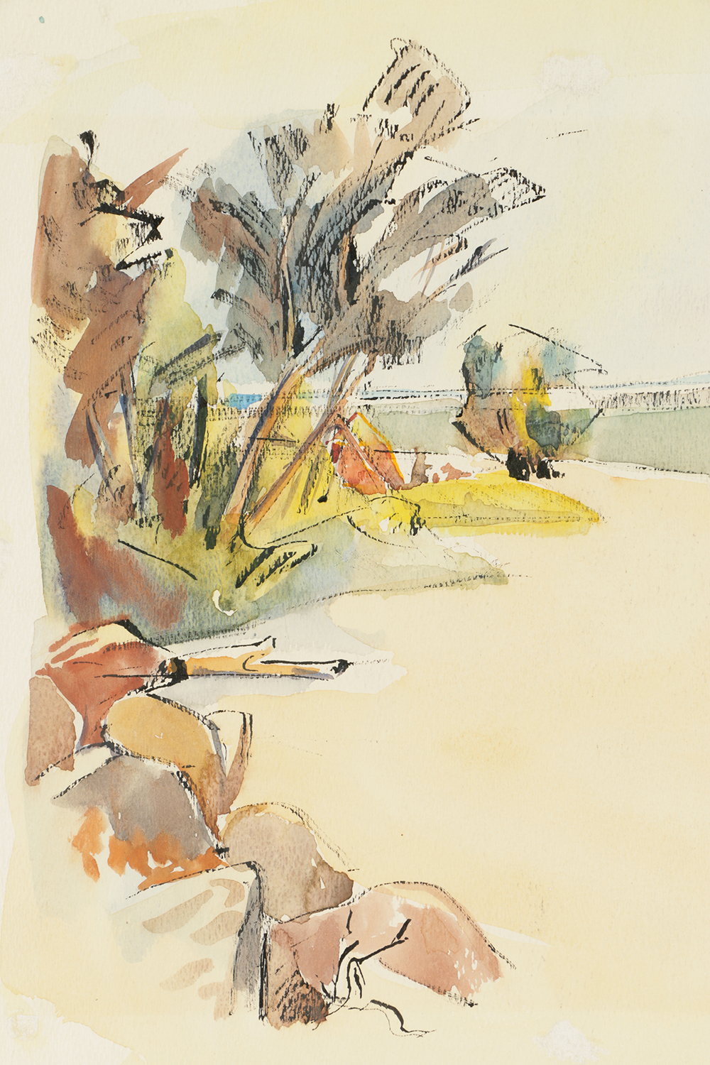 B. Lavau Ink and Watercolor Painting on Paper Landscape