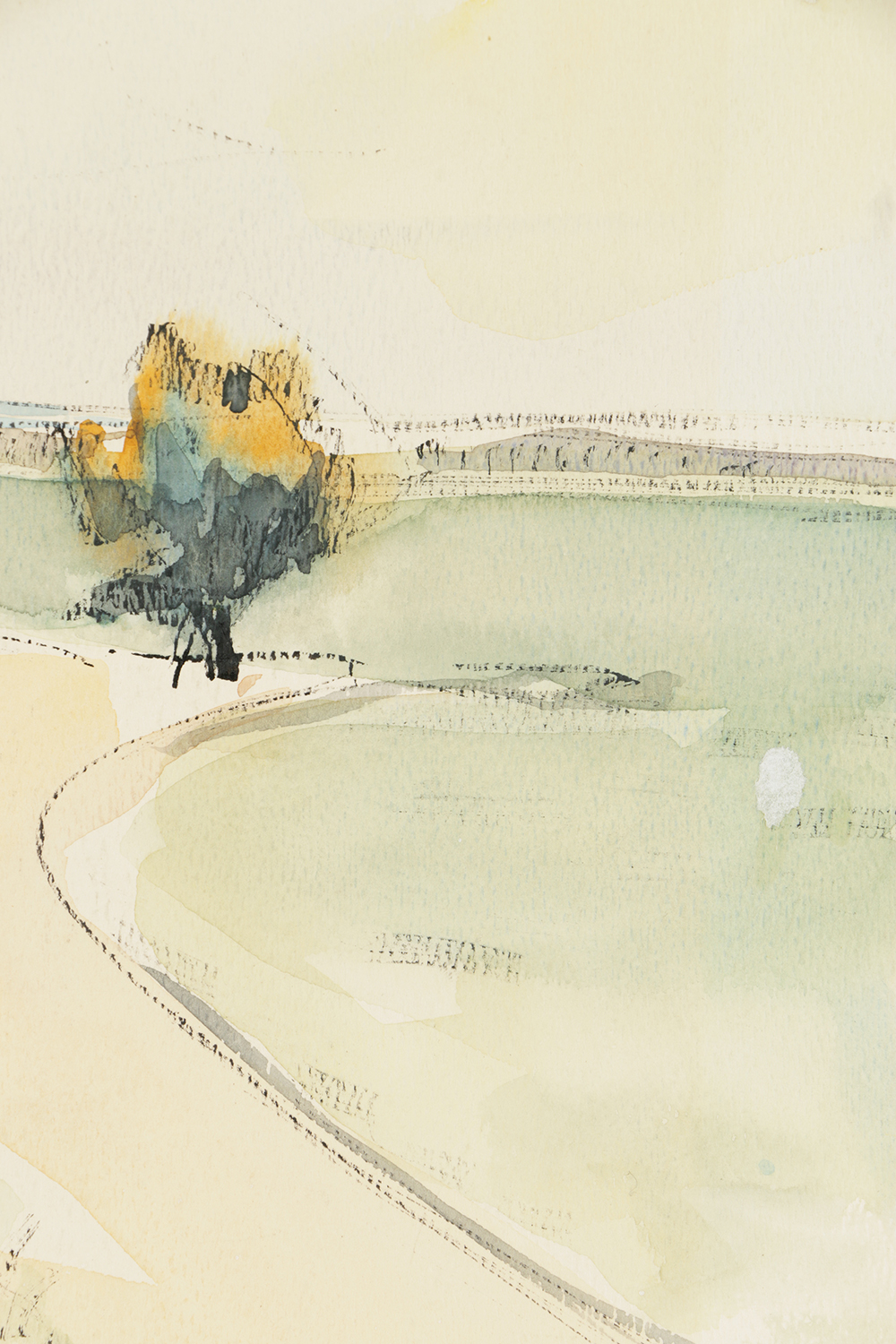 B. Lavau Ink and Watercolor Painting on Paper Landscape