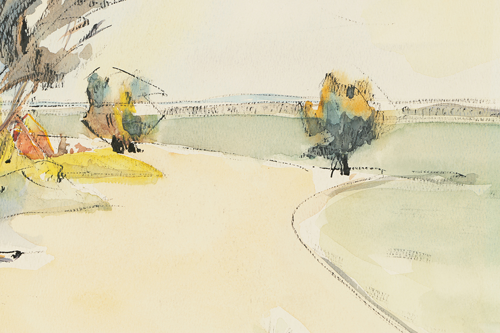 B. Lavau Ink and Watercolor Painting on Paper Landscape