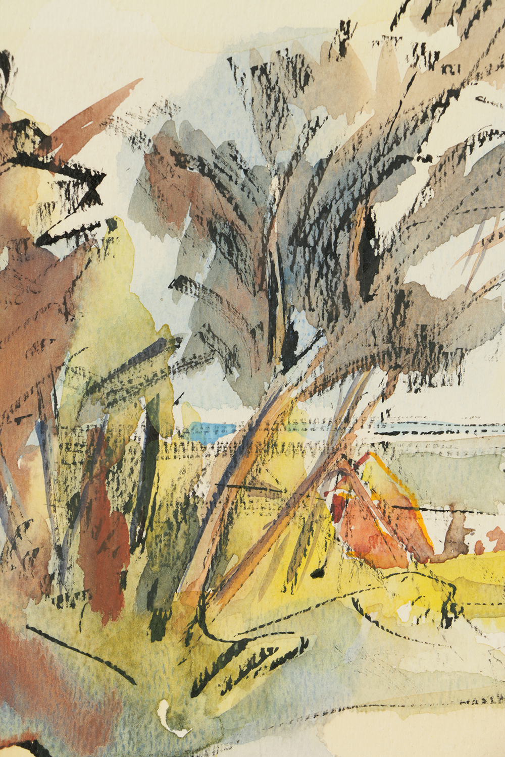 B. Lavau Ink and Watercolor Painting on Paper Landscape