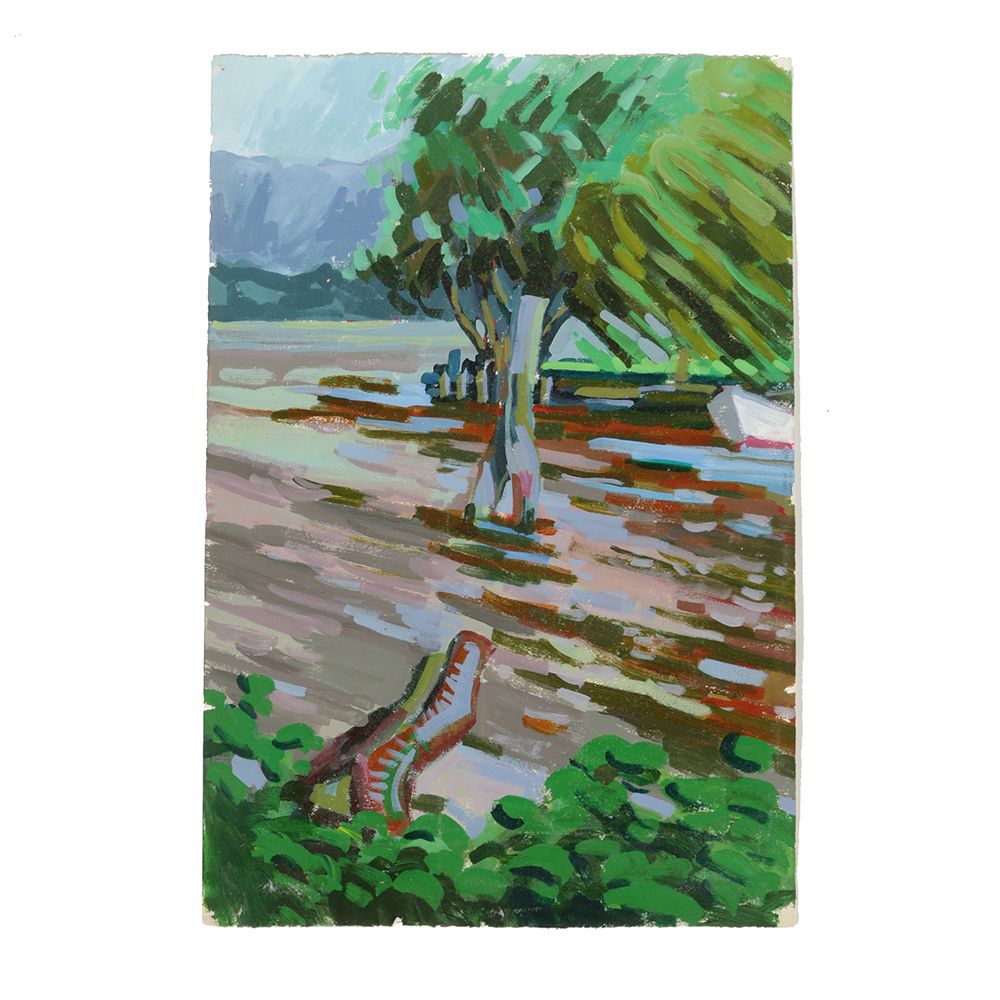 Late 20th-Century Acrylic Painting on Paper River Landscape