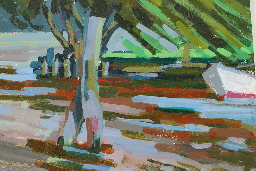 Late 20th-Century Acrylic Painting on Paper River Landscape