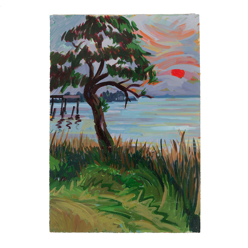 Late 20th-Century Acrylic Painting on Paper of a Sunset Landscape