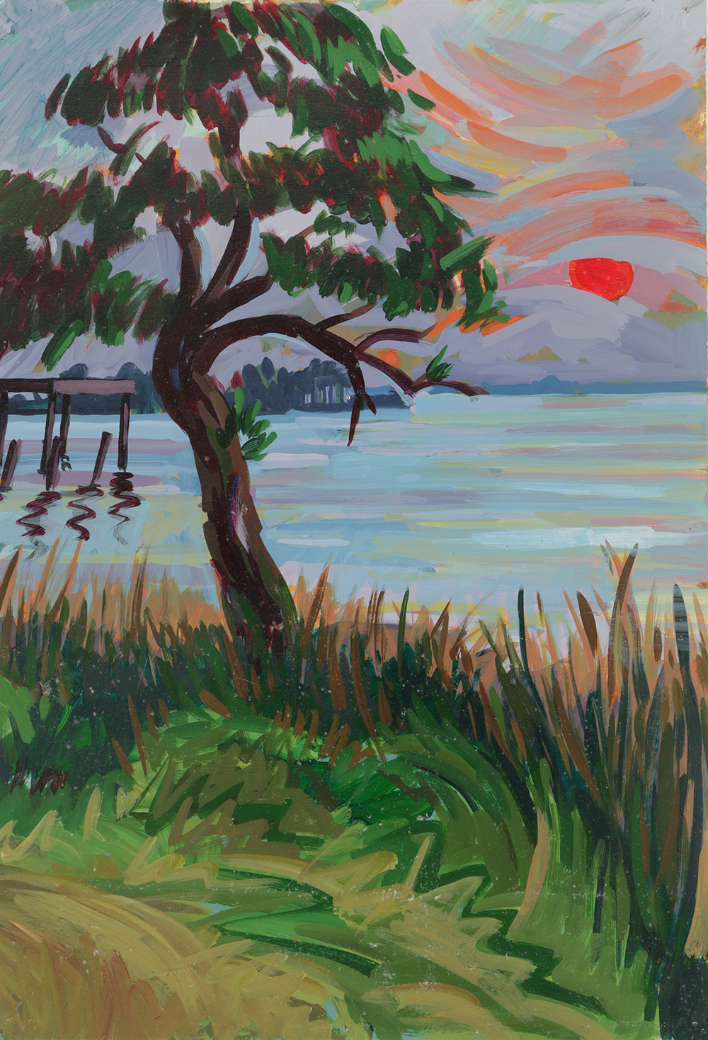 Late 20th-Century Acrylic Painting on Paper of a Sunset Landscape