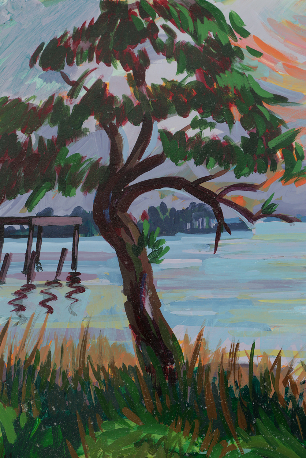 Late 20th-Century Acrylic Painting on Paper of a Sunset Landscape