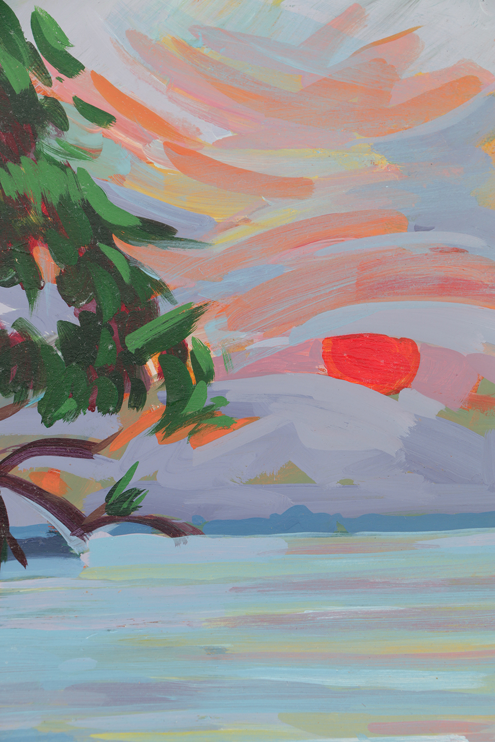 Late 20th-Century Acrylic Painting on Paper of a Sunset Landscape