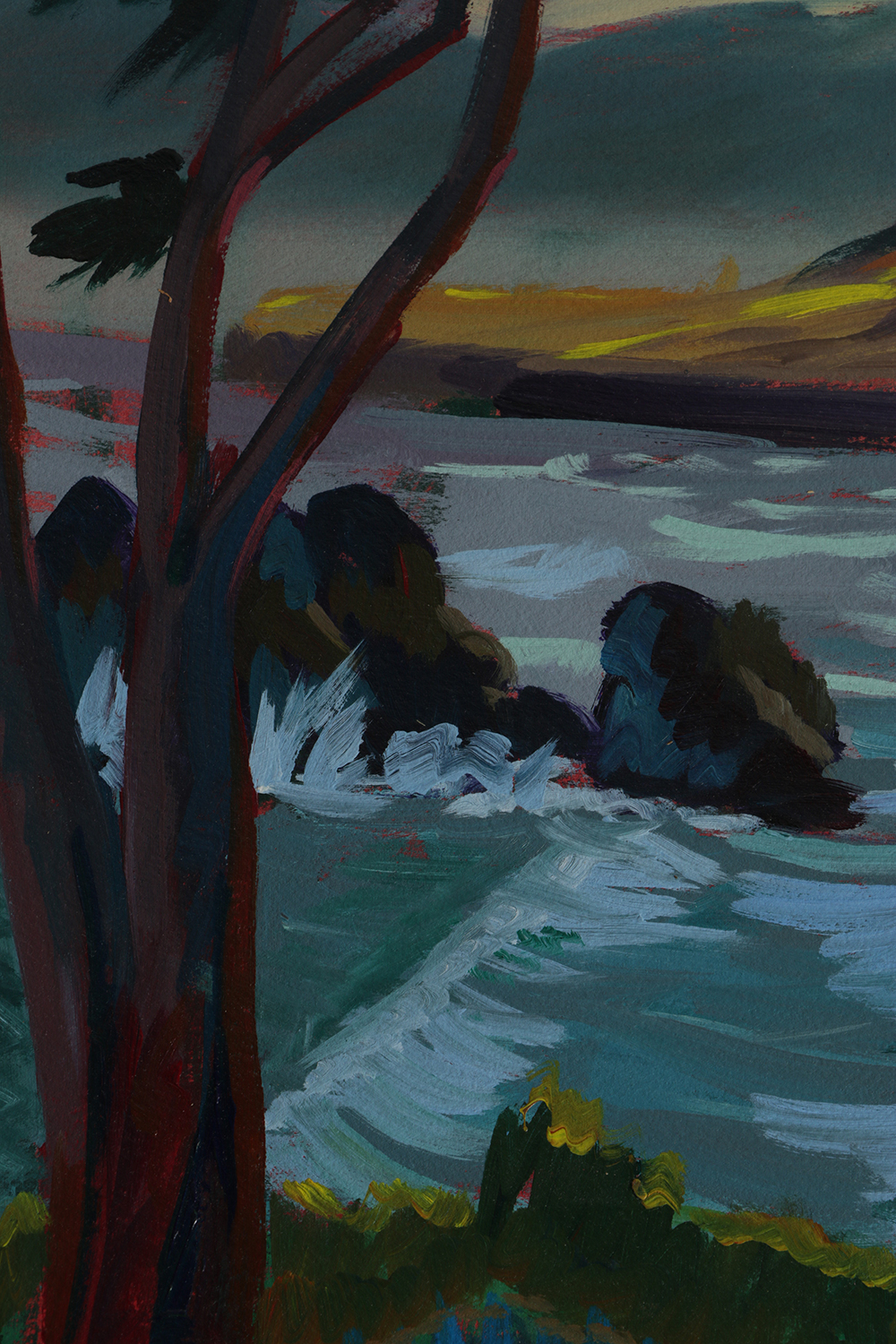 Late 20th-Century Acrylic Painting on Paper "The Sea and the Tree"