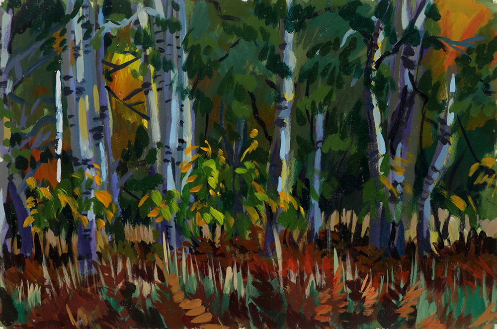 Acrylic Painting on Paper "Birches and Turning Leaves"
