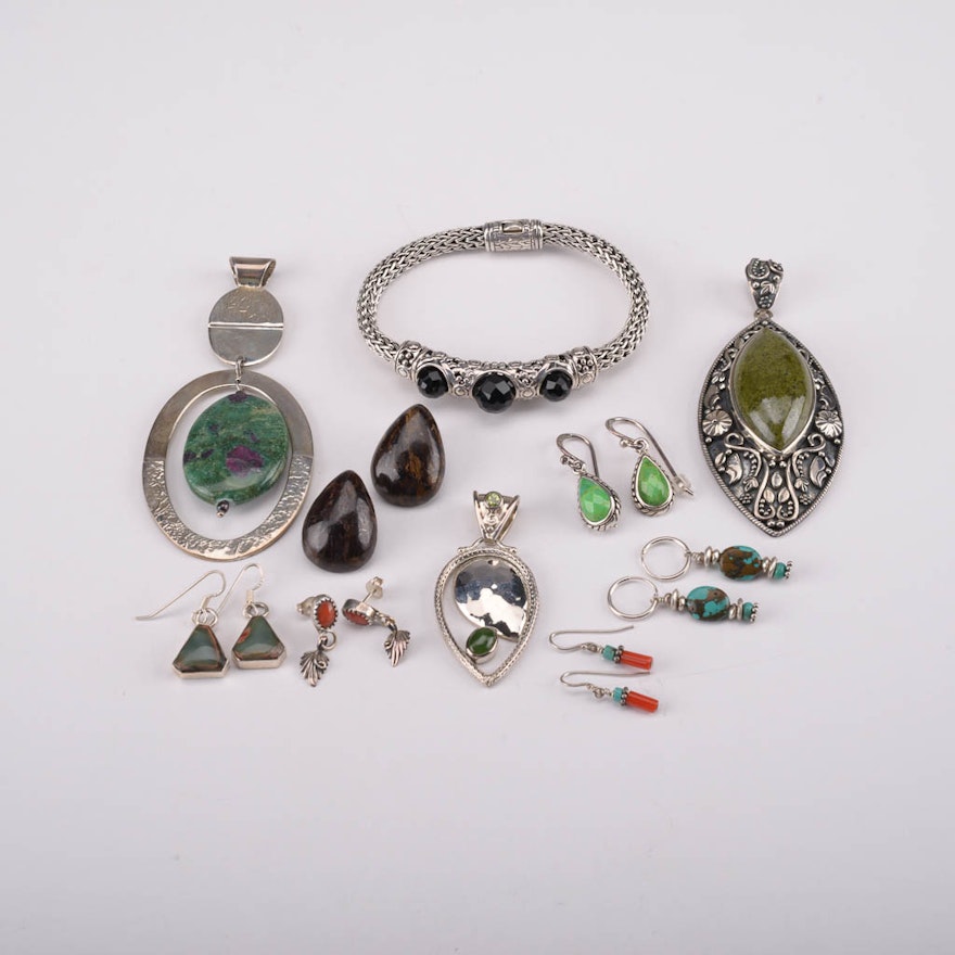 Assortment of Sterling Silver Jewelry With Peridot, Agate, Coral, and More