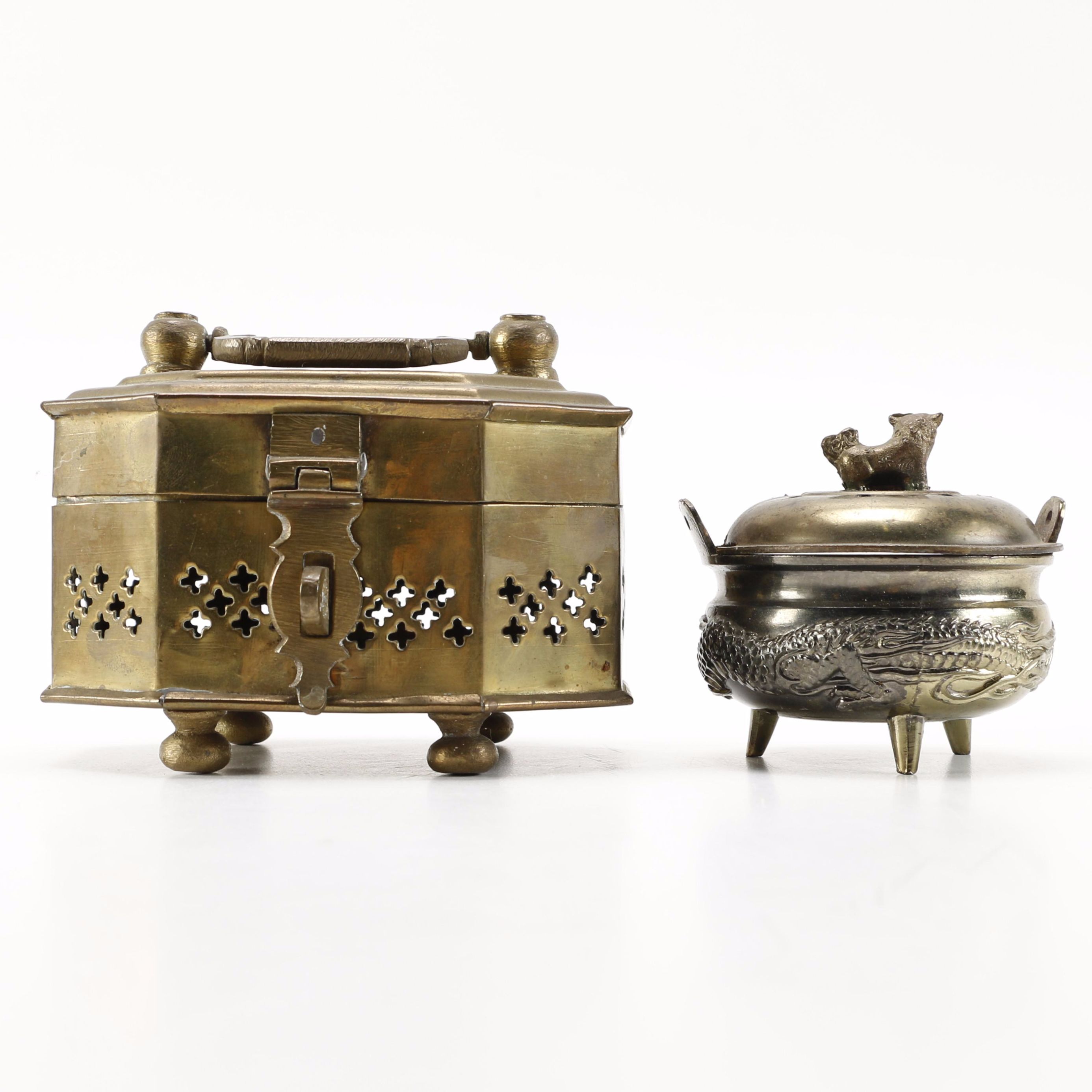 Vintage Brass Cricket Box and Dragon Incense Burner with Foo Dog