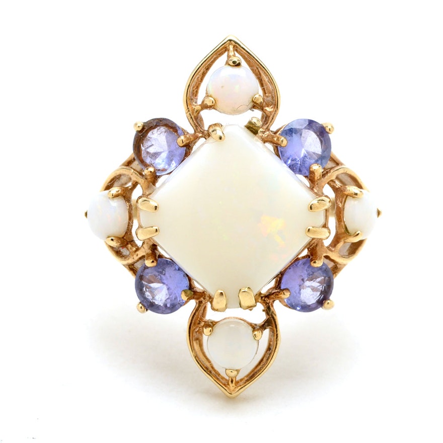 10K Yellow Gold Opal Tanzanite Cocktail Ring