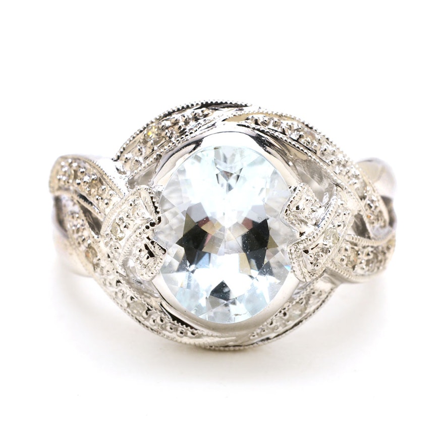 14K White Gold 2.2 CTS Aquamarine Diamond Cocktail Ring