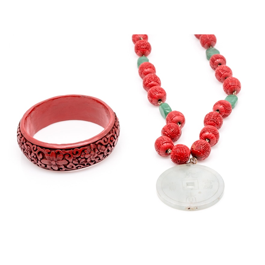 Chinese Longevity Jewelry With Gemstones and Lacquered Beads