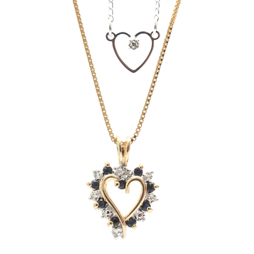 Sterling Silver Heart Necklaces Featuring Sapphires and Diamonds