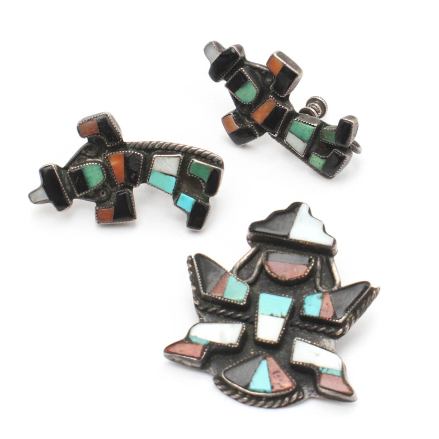 Sterling Silver Inlaid Figural Brooch and Clip-On Earring Set