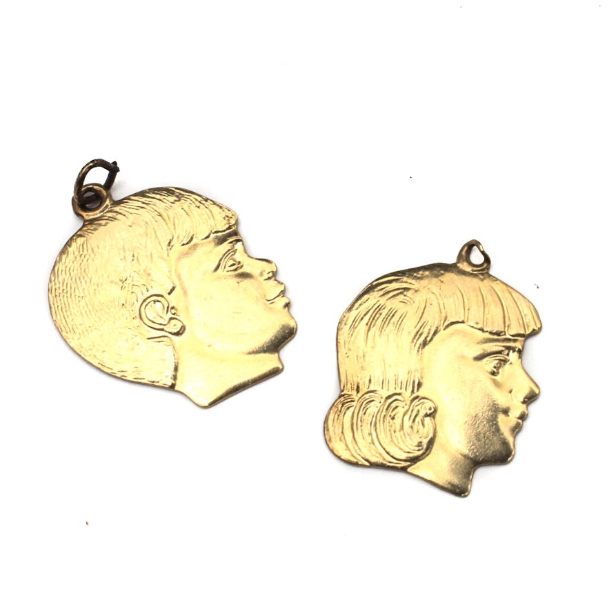 14K Yellow Gold Machine Engraved Girl and Boy Profile Charms