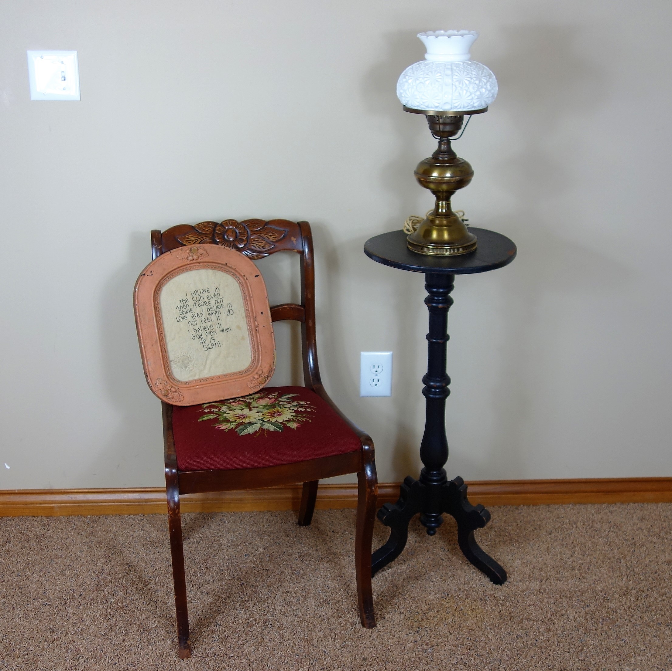 Victorian Side Chair, Plant Stand, Brass Lamp and Pillow