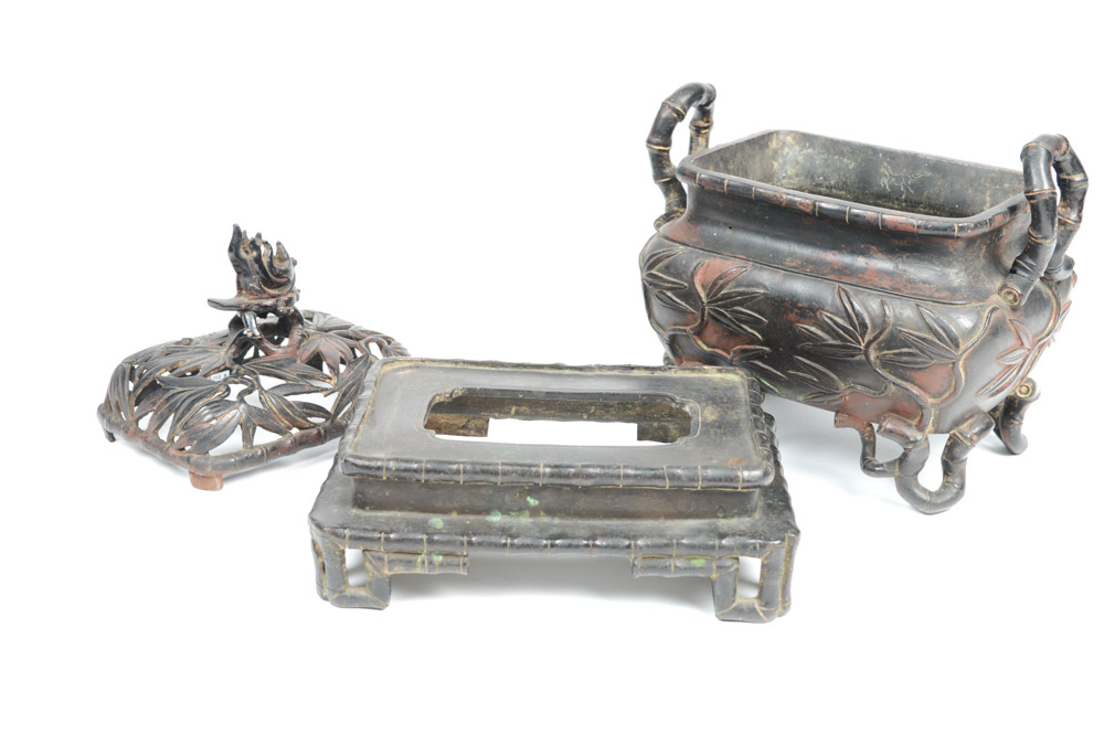 Chinese Bronze Bamboo Motif Incense Burner