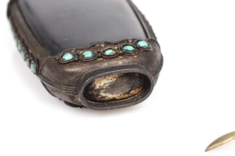 Antique Brass and Bone Snuff Bottle With Turquoise Accents