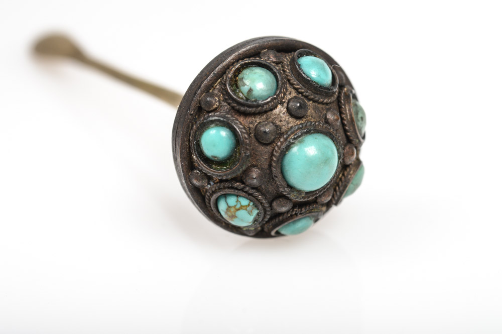 Antique Brass and Bone Snuff Bottle With Turquoise Accents