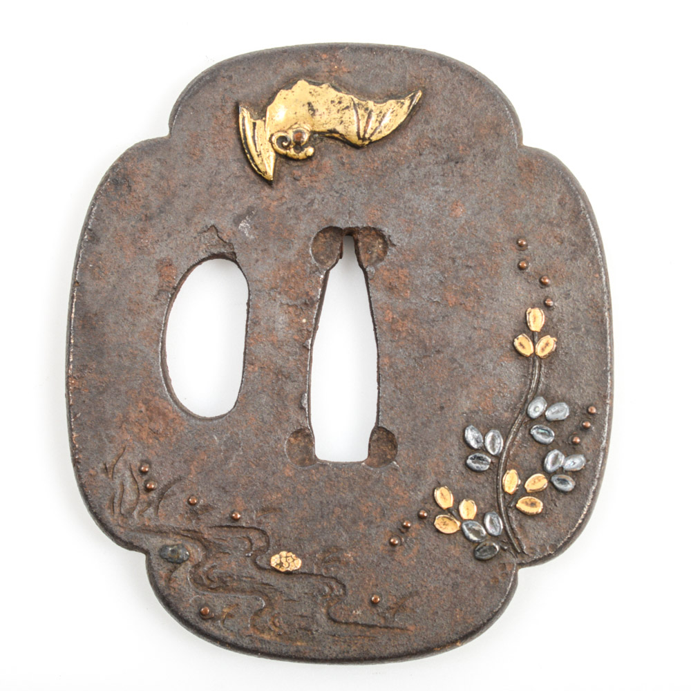 Antique Japanese Tsuba Sword Guard with Bat