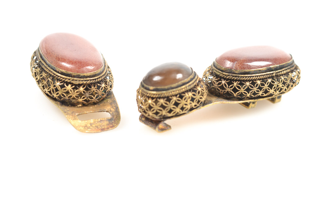 Antique Chinese Brass and Imitation Gemstone Buckle