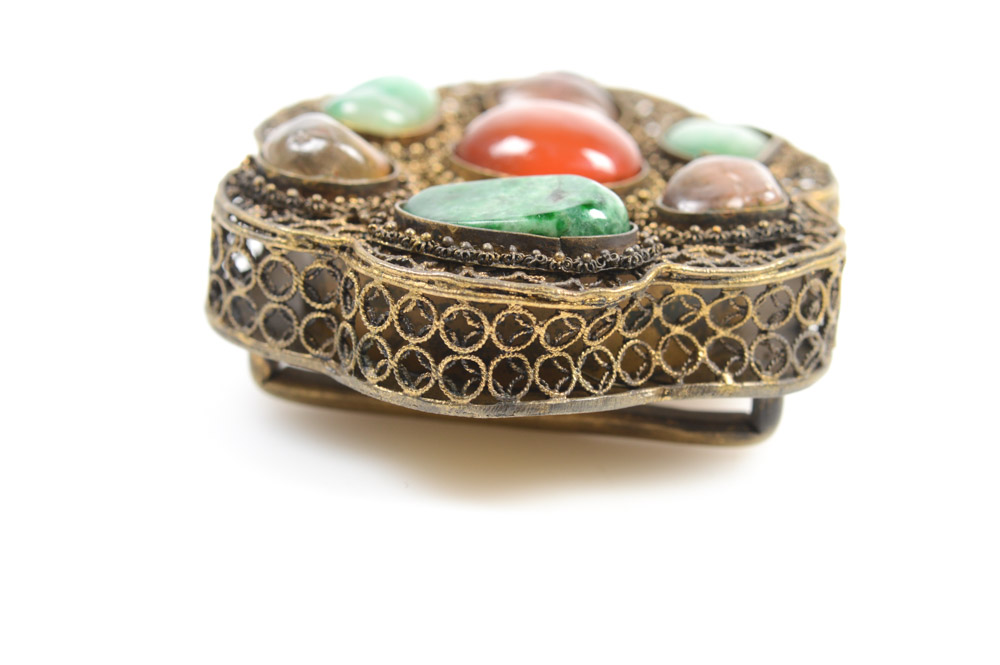 Antique Chinese Silver and Gemstone Buckle