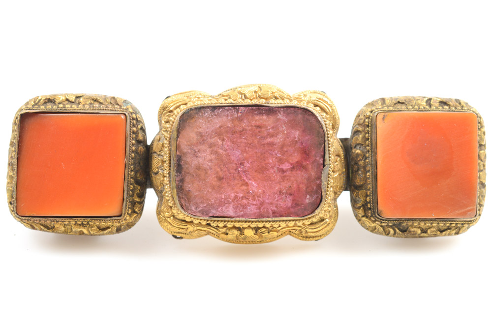 Antique Chinese Brass and Stone Buckle