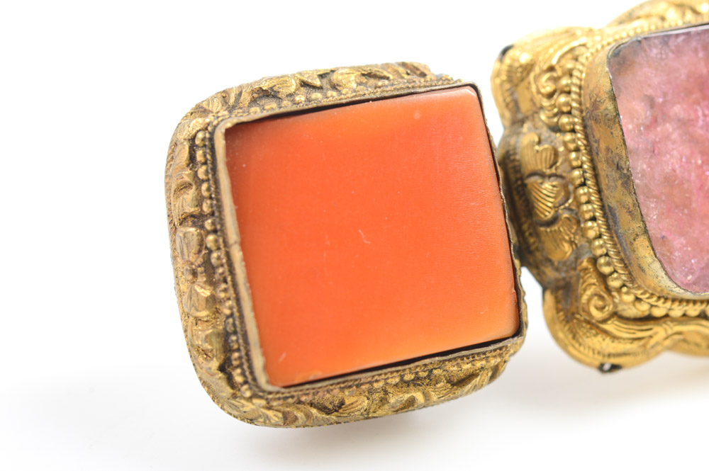 Antique Chinese Brass and Stone Buckle