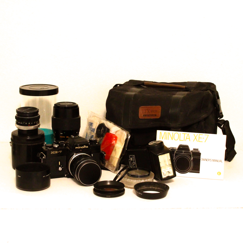 1970s Minolta XE-7 Camera, Lenses, and Accessories