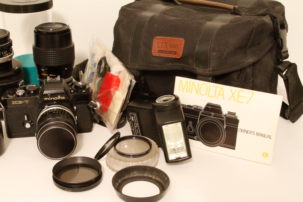 1970s Minolta XE-7 Camera, Lenses, and Accessories