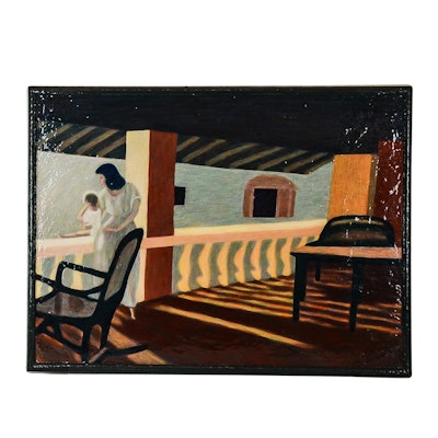 K. Koch Acrylic Painting On Board "Figures on a Balcony" K. Koch Acrylic Painting On Board "Figures on a Balcony"