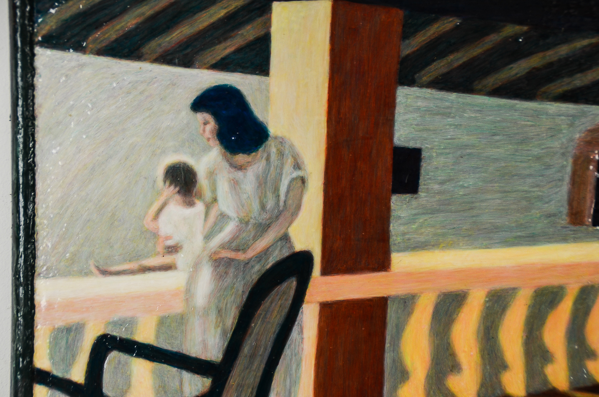 K. Koch Acrylic Painting On Board "Figures on a Balcony"