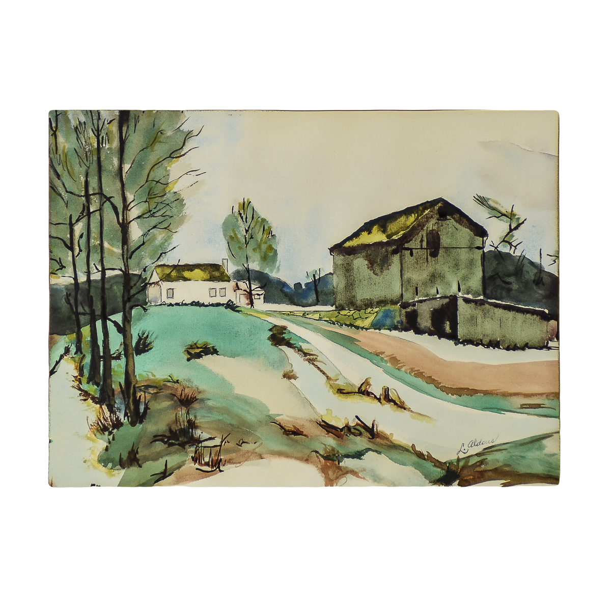 L. Aldous Watercolor and Pen and Ink on Paper "Farm Landscape"
