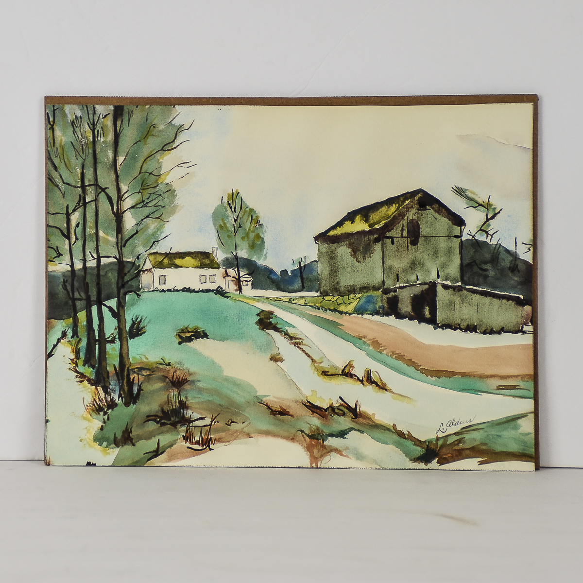 L. Aldous Watercolor and Pen and Ink on Paper "Farm Landscape"