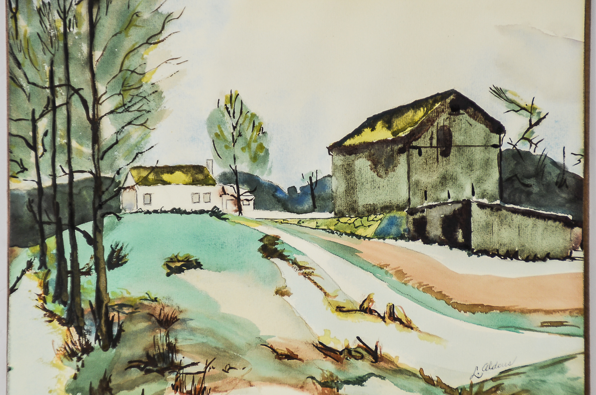 L. Aldous Watercolor and Pen and Ink on Paper "Farm Landscape"