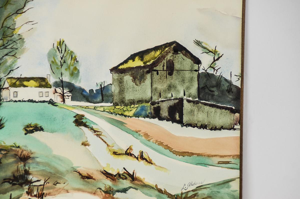 L. Aldous Watercolor and Pen and Ink on Paper "Farm Landscape"