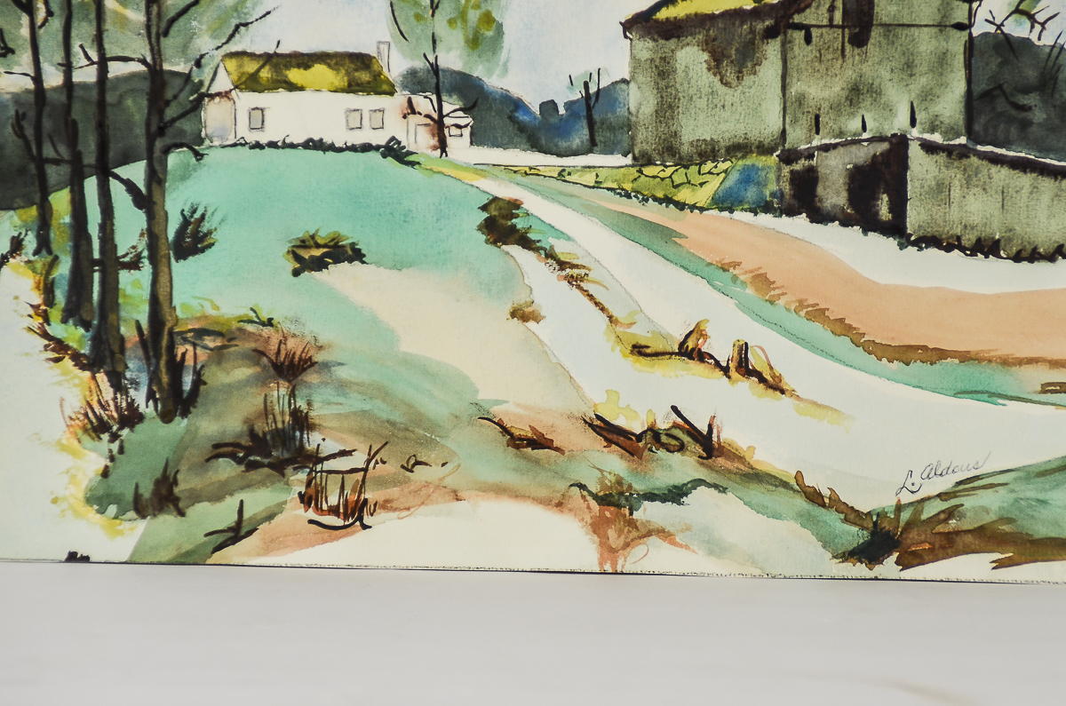 L. Aldous Watercolor and Pen and Ink on Paper "Farm Landscape"