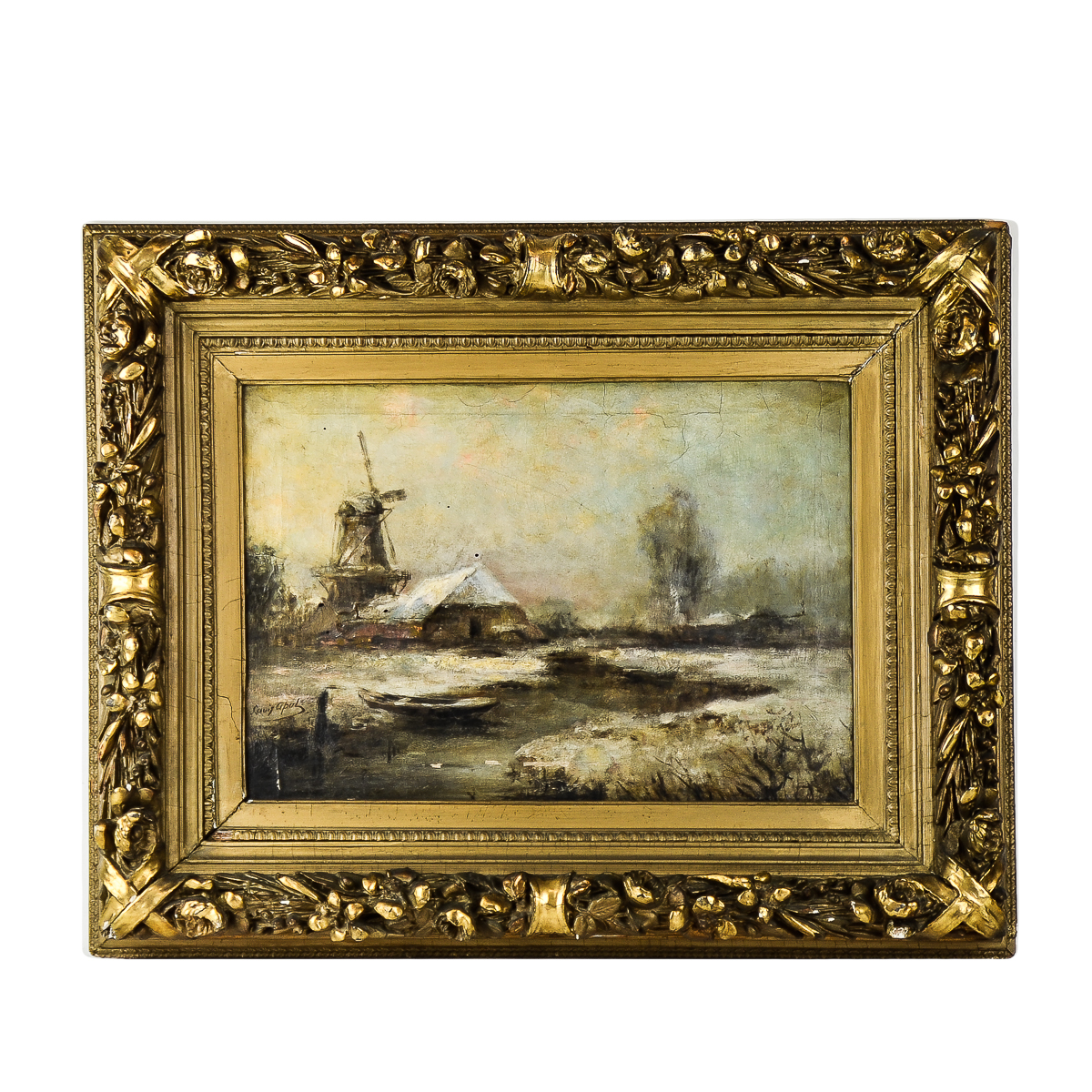 Louis Apol Oil Painting on Canvas of Dutch Winter Landscape
