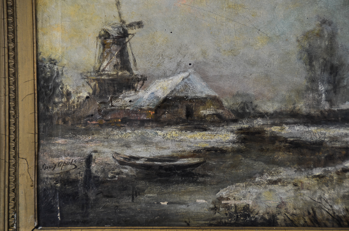 Louis Apol Oil Painting on Canvas of Dutch Winter Landscape