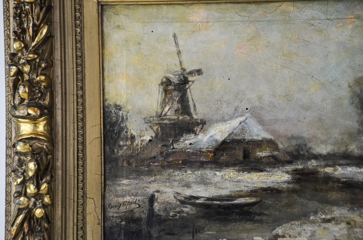 Louis Apol Oil Painting on Canvas of Dutch Winter Landscape
