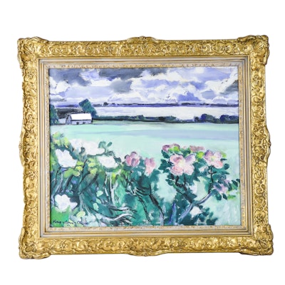 Thorvald Hagedorn-Olsen Oil Painting on Canvas "Evening Landscape with Roses" Thorvald Hagedorn-Olsen Oil Painting on Canvas "Evening Landscape with Roses"