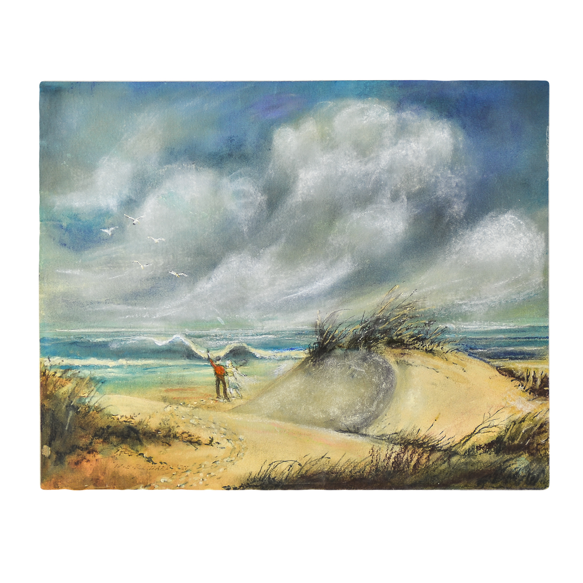 W.E. Rachaelson Mixed Media on Paperboard "Figures on the Shore"