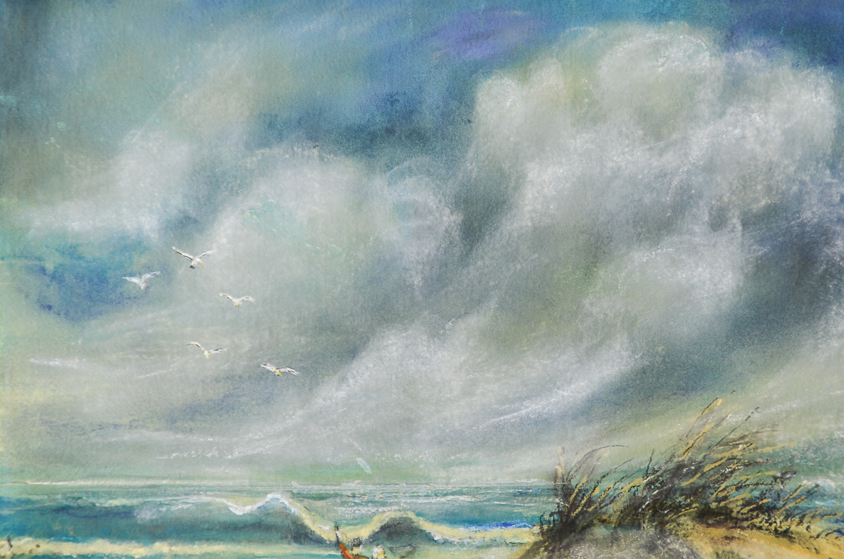 W.E. Rachaelson Mixed Media on Paperboard "Figures on the Shore"