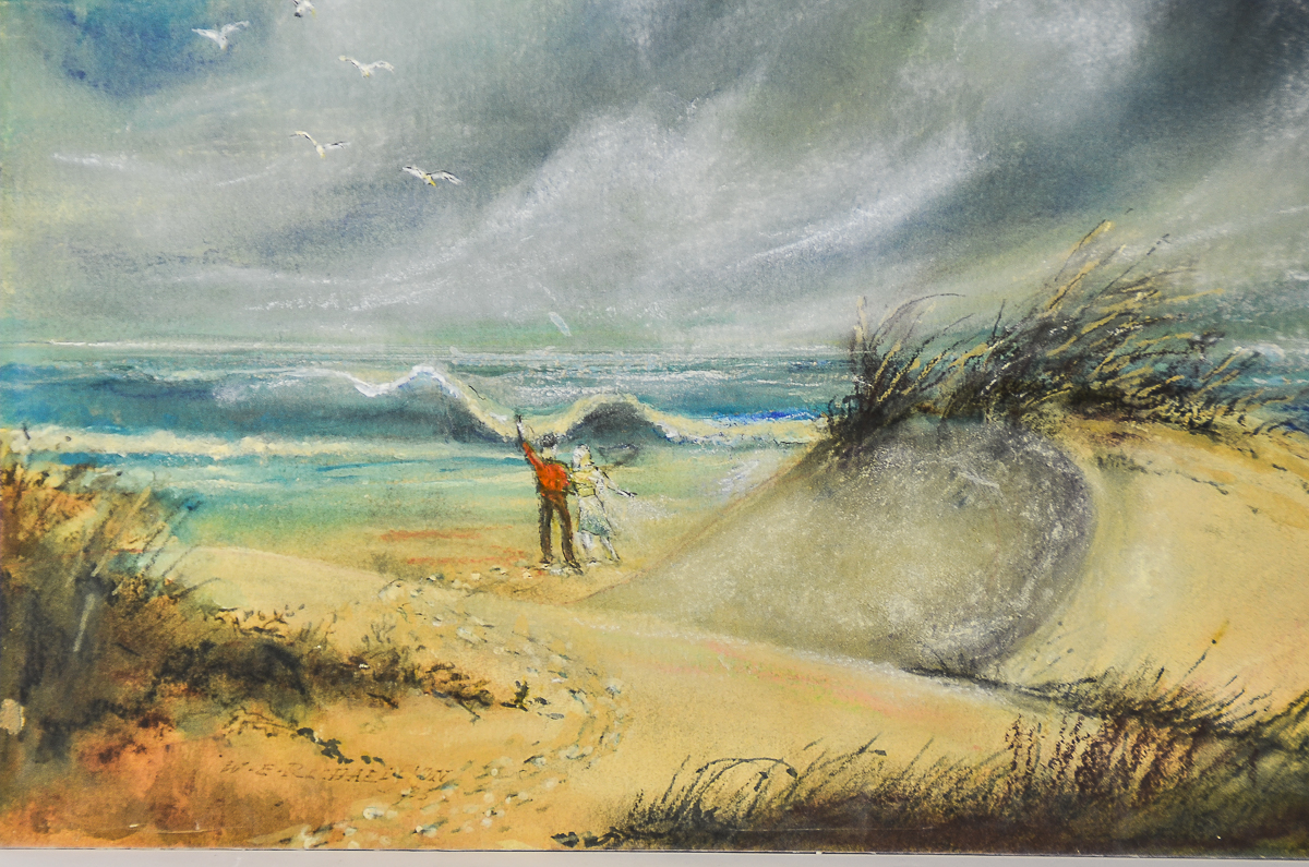 W.E. Rachaelson Mixed Media on Paperboard "Figures on the Shore"