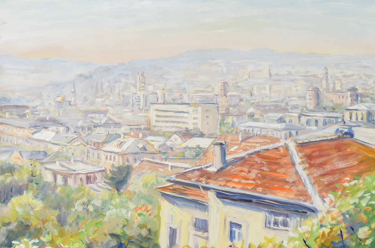 Ferdinand Barth Tempera Painting on Paper "Downtown"