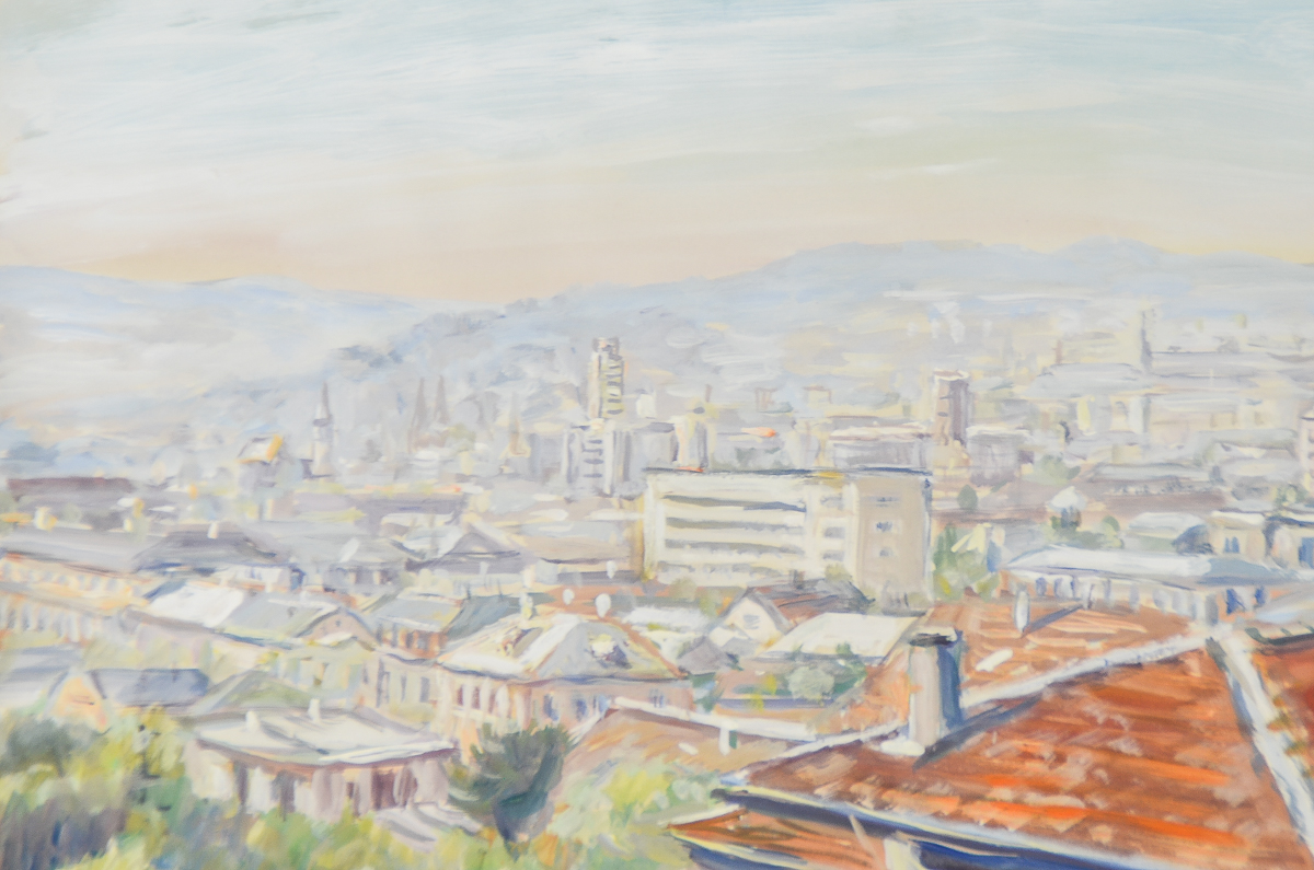 Ferdinand Barth Tempera Painting on Paper "Downtown"