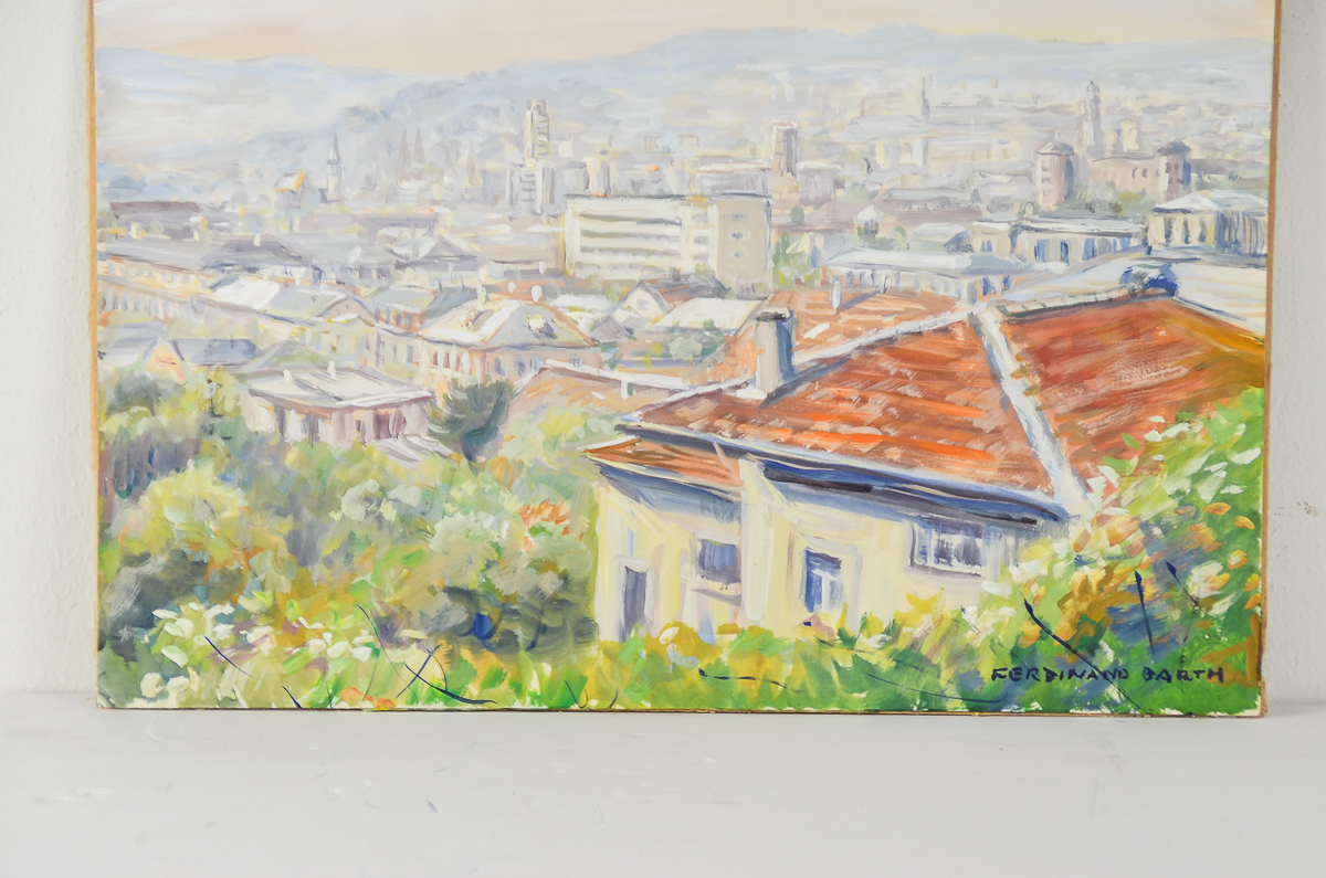 Ferdinand Barth Tempera Painting on Paper "Downtown"