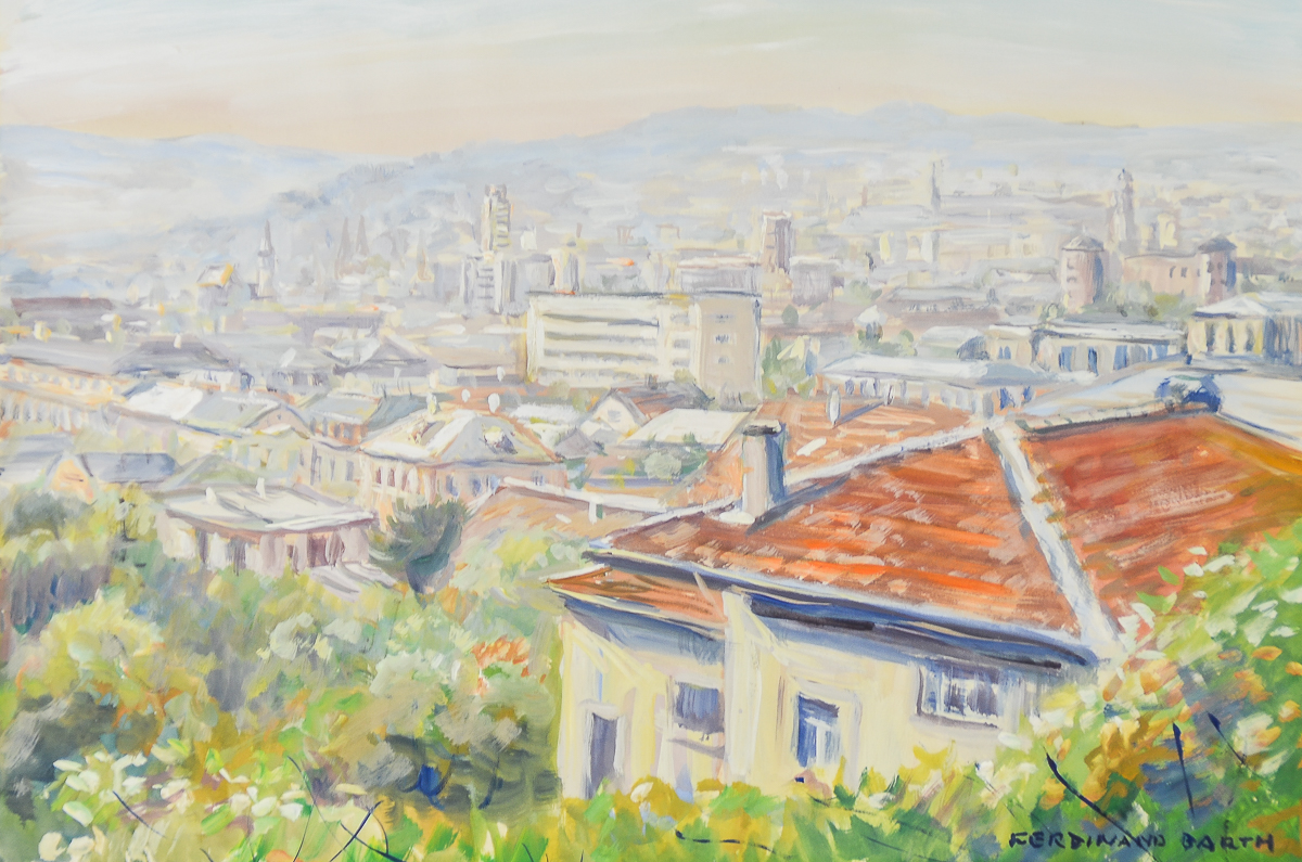 Ferdinand Barth Tempera Painting on Paper "Downtown"